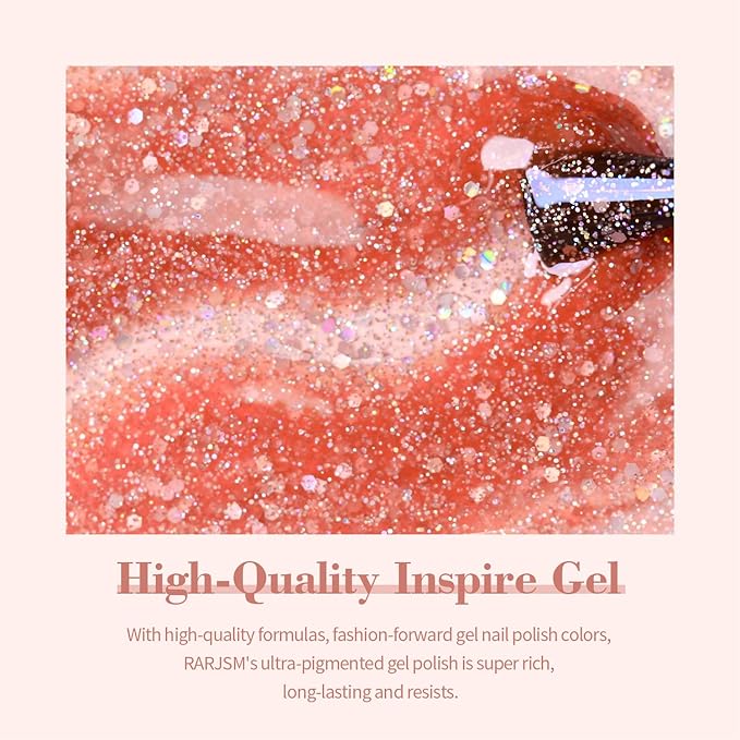 RARJSM Glitter Gel Nail Polish Sparkly Peachy Pink Holographic Iridescent Gelpolish Chunky Soak off L e d U V Curing Required Long Lasting High Pigments for Home Salon Manicure Nail Art 15ml
