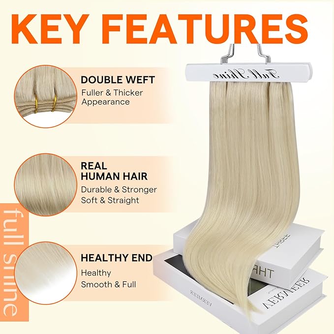 Full Shine Weft Hair Extensions Human Hair Color Platinum Blonde Human Hair Bundles Invisible Sew In Hair Extensions Double Weft Extensions Blonde Straight Hair Weft Sew Ins 105G 22 Inch