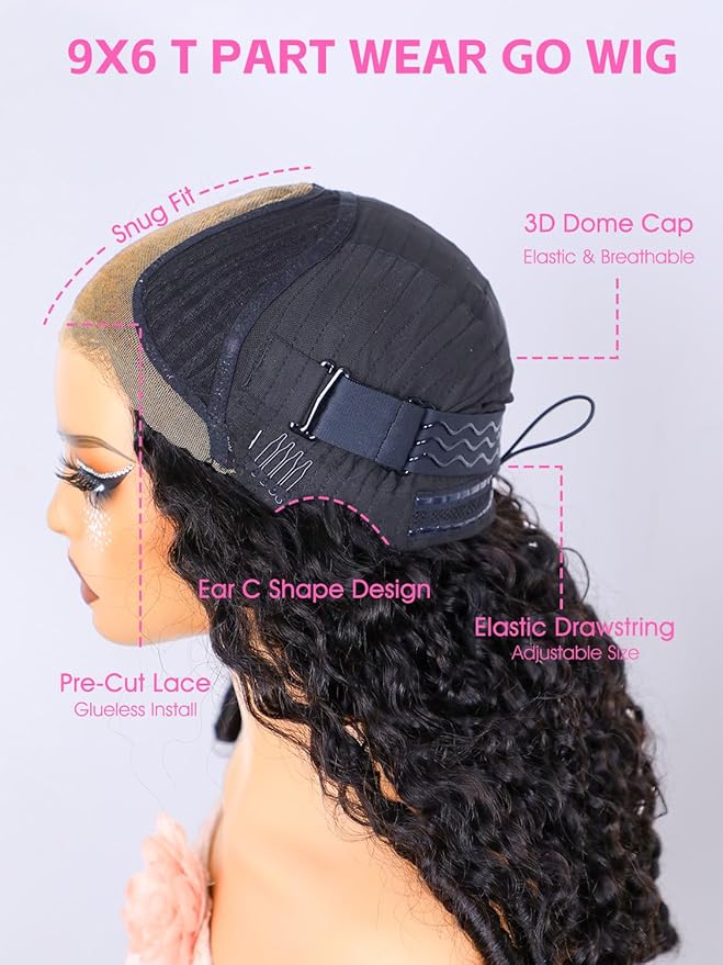 Burmese Curly Wear and Go Glueless Wig Human Hair Curly Texture with Finger Coil Ends Upgrade 9X6 T Part Pre Cut Lace Flip Over Beginner Friendly Wear Go Drawstring Wig 180% Density 28 Inch
