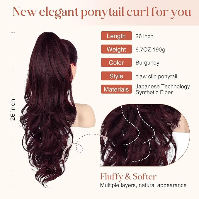 FLUFYMOOZ 26" Ponytail Extension, Long Wavy Curly Claw Clip in Ponytail Hair Extensions, Natural Synthetic Hairpiece for Women Daily Wear(Ombre Burgundy)