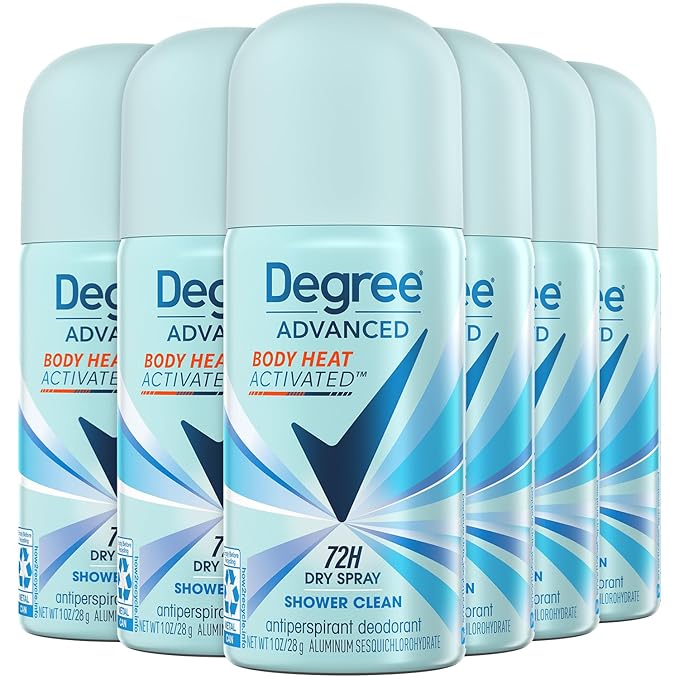 Degree Women’s Travel Deodorant Antiperspirant 6-Pack – Body Heat Activated 72H Protection Mini Dry Sprays, Shower Clean Scent, 1 Oz Ea
