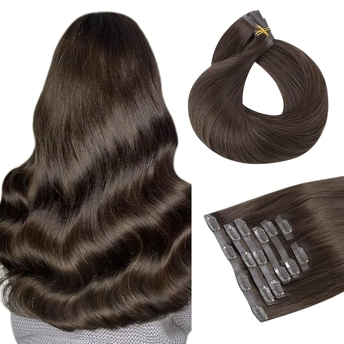 HOTBANANA Clip in Hair Extensions 24 inch 160g 7pcs Ombre Light Dark Brown Remy Human Hair Extensions Straight Hair Invisi Edge Clip Hair Full Head