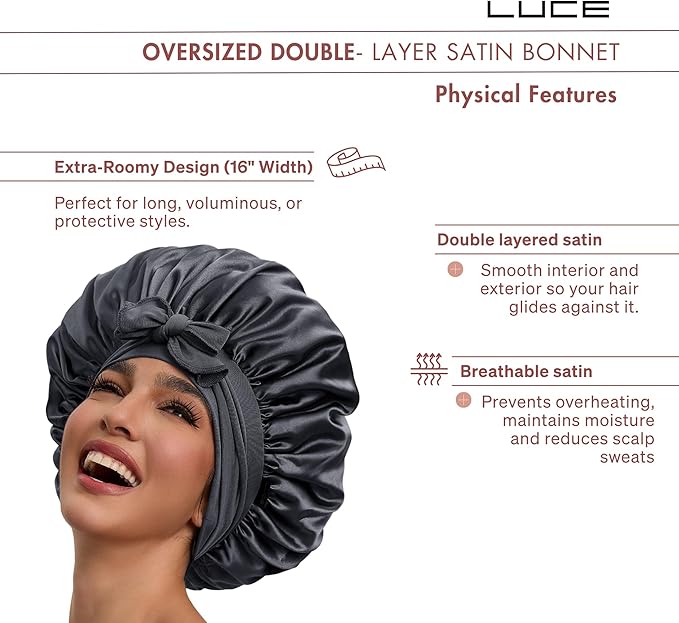LUCE Satin Bonnet for Sleeping – Adjustable Double Layer Hair Cap for Women, Prevents Frizz & Breakage, Comfortable Night Cap