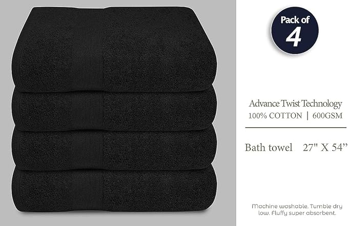 Softolle Luxury Bath Towels Set of 4 (27” x 54”) | Towels for Bathroom | Super Soft | Highly Absorbent Towels for Home, Spa, Gym (Black)