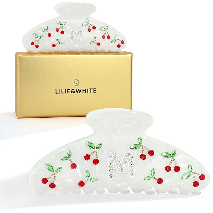 LILIE&WHITE Christmas Gift Acrylic Cherry Letter Hair Clips For Women With RhinestonesInitial Hair Claws For Thick Hairs Trendy Monogram Large Clips Fashion Big Claw Clip Jewelry Gift Alphabet M