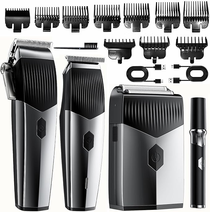 4 in 1 Hair Clippers for Men, Professional Hair Clippers, Beard Trimmer& Rechargeable Shaver Set, Metal T-Blade, LED Display, Barber Hair Cutting Kit for Men Grooming & Gifts, (Black)