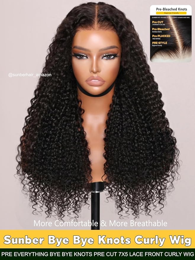 Sunber Bye Bye Knots Curly Glueless Human Hair Wig Pre cut 7x5 HD Lace Front Put On Go 3S Wear Pre Bleached Invisible Knots 150% Density Pre Plucked with Baby Hair 22Inch Pre Everything Curly Wigs