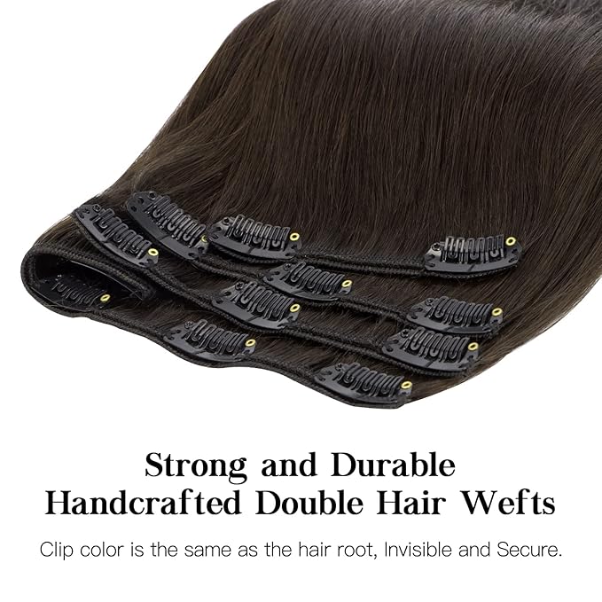 HOTBANANA Human Hair Clip in Hair Extensions, Dark Brown 130g Clip in Hair Extensions Real Human Hair Straight Remy Hair 26 Inch 7pcs