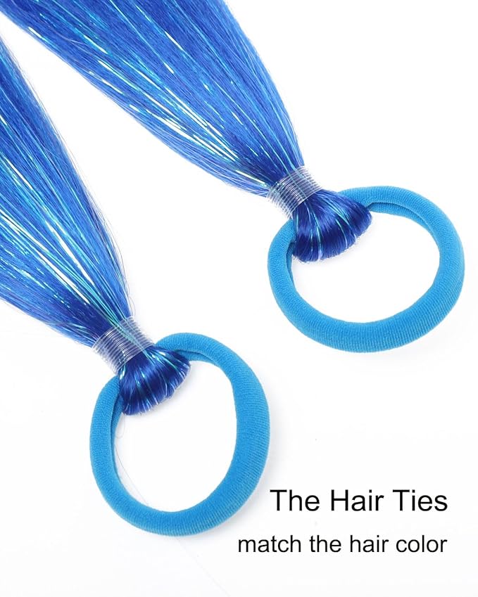 Colored Hair Extensions Royal Blue Ponytail Extension 2 Packs, 20 inch Crazy Hair Day Accessories for Women, DIY Festival Wacky Rave Braids, Tinsel Mixed