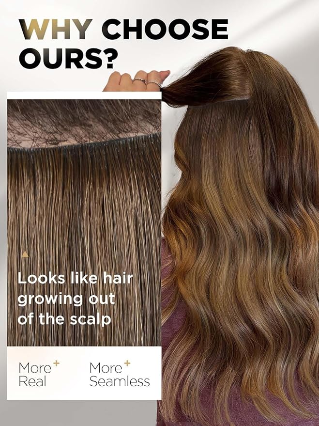 Twin Tab Butterfly Genius Weft Human Hair Extensions Latest Double Invisible Real 100% Remy Human Hair OVO Weft with Micro Bead Simulated Scalp Hair Extensions 100g 7ps 18 Inch Brown Highlight