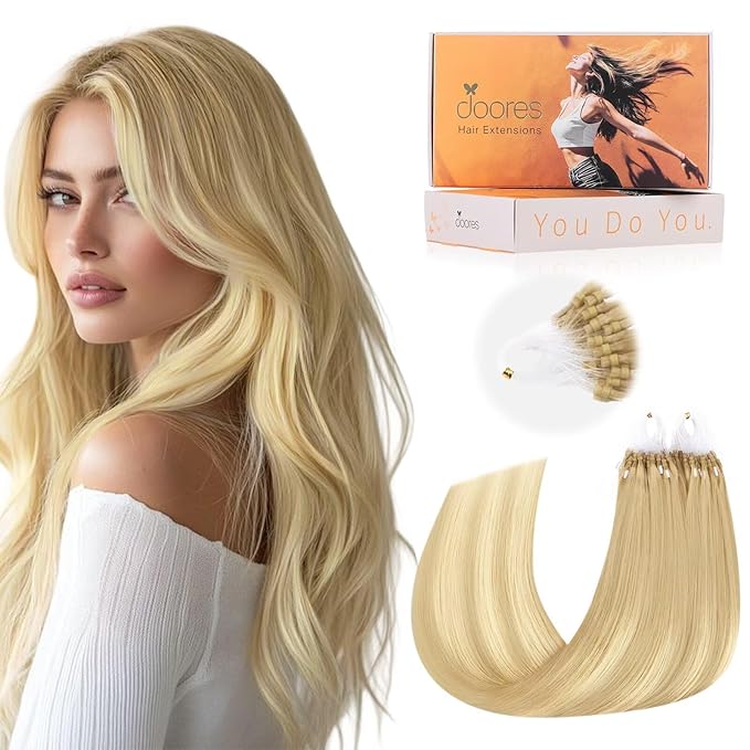 Doores Micro Ring Hair Extensions Human Hair, Drity Blonde Mixed Platinum Blonde 24 Inch 50g/50s, Micro Bead Hair Extensions Real Human Hair Remy Hair