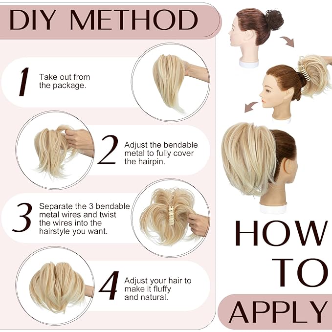 Claw Clip Short Ponytail Hair Extensions Messy Bun Hair Piece Pony Tails Hair Extensions with Bendable Metal Wire Hair Pieces DIY Style 8 Inch 24T613 Mousy blonde to Light blonde