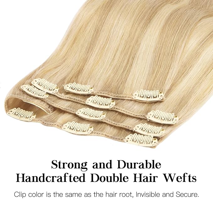 HOTBANANA Human Hair Clip in Hair Extensions, Dirty Blonde Mixed Bleach Blonde Hair Extensions 120g Clip in Hair Extensions Real Human Hair Straight Remy Hair Clip Ins 22 Inch 7pcs