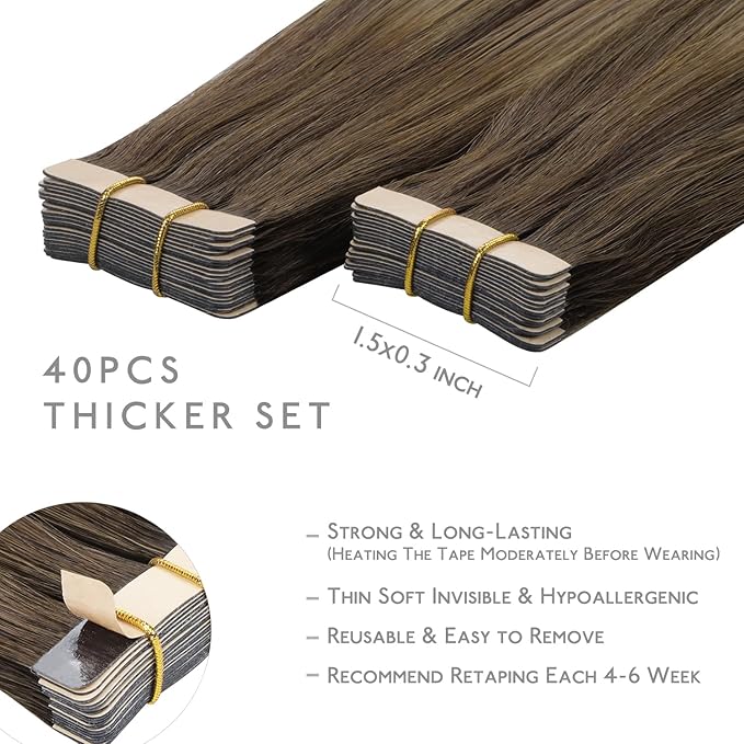 Wennalife Tape in Hair Extensions Human Hair, 40pcs 60g 10 inch Balayage Chocolate Brown to Caramel Blonde Hair Extensions Real Human Hair Straight Tape in Extensions Reusable Real Hair Extensions