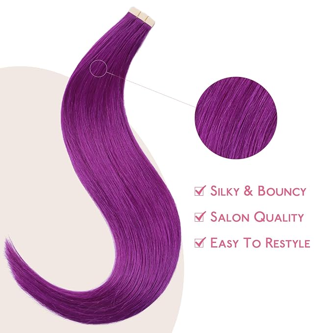 WENNALIFE Tape in Hair Extensions Human Hair Purple Tape in Extensions, 10pcs 25g 18 inch Remy Invisible Tape Ins Straight Colored Soft Real Human Hair Tape in Extensions Refill Set Extensions
