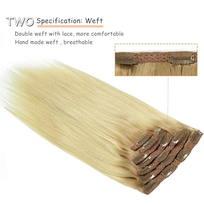 Caliee 14 Inch Human Hair Extensions Clip in Color R12/60 Ombre Light Golden Brown Roots to Platinum Blonde Silky Straight Natural Clip in Hair Extensions Remy Hair 120G 7Pcs for Full Head