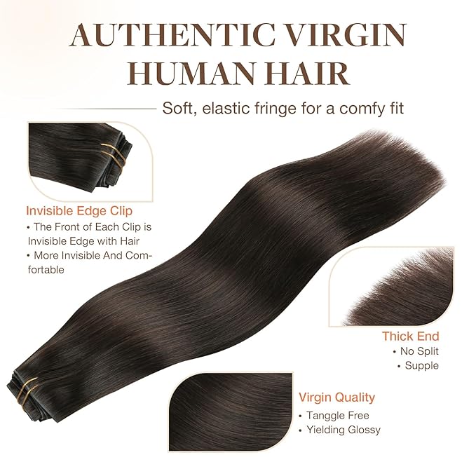 GOO GOO Invisi Edge Clip in Hair Extensions 18inch 130g 7Pcs Injected Seamless PU Clip in Hair Extensions, Virgin Real Human Hair, 2A Light Brown