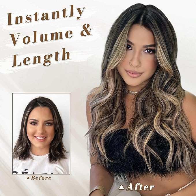 BARSDAR Wavy Clip in Hair Extensions - 20 Inch Highlight Clip in Hair Extensions for Women - 5PCs Thick Soft Synthetic Loose Wave Balayage Extensions Hairpieces – Dark Brown with Highlights