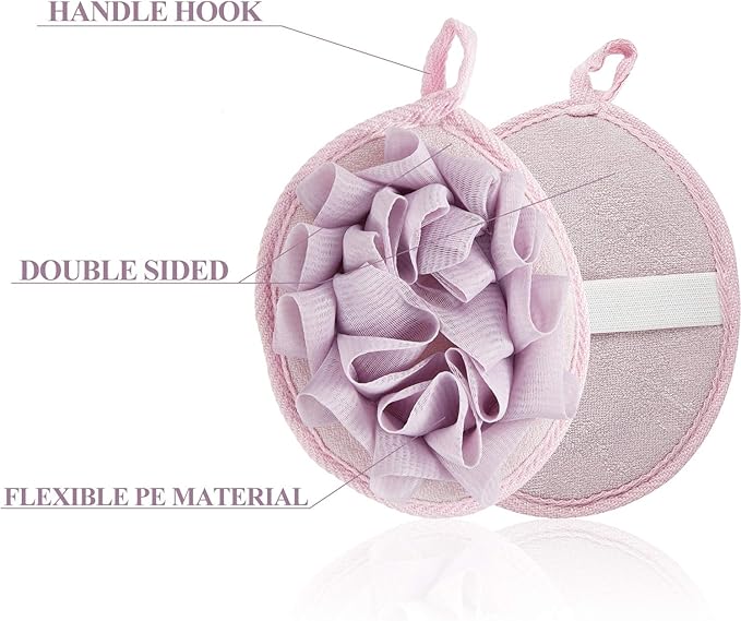 Boao 3 Pcs Bath Shower Pouf Sponge Mesh Pouf Shower Ball Exfoliating Body Sponge Pad Scrubber Glove with Flower Bath Ball (Beige,Green,Purple)