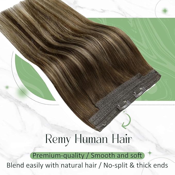 RUNATURE Invisible Wire Hair Extensions Real Human Hair with Transparent Wire 14 Inch 70g Fish Line Hair Extensions One Piece Clip in Wire Human Hair Extensions Full Ends Remy Natural Hair