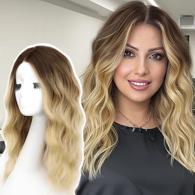 AISI HAIR Ombre Blonde Wig for Women Medium Length Wave Curly Glueless Synthetic Heat Resistant Hair Wigs for Daily Party Cosplay