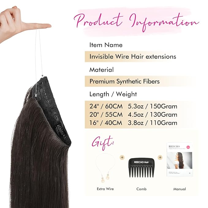 REECHO Invisible Wire Hair Extensions with Transparent Headband Adjustable Size Removable Secure Clips in Straight Secret Hairpiece for Women (24 Inch (Pack of 1), Darkest Brown)