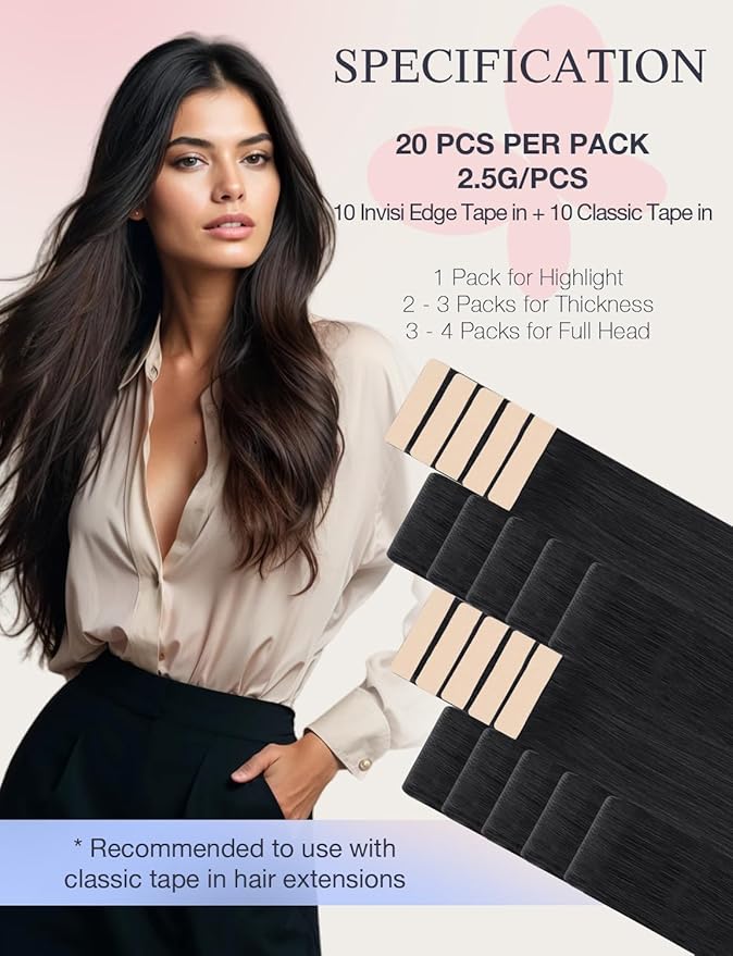 DOORES Injected Tape in Human Hair Extensions Invisi Edge, Jet Black 10 Injection Tape-ins with 10 Classic Tape-ins 50g 16 Inch, Tape in Extensions Virgin Human Hair Thick Ends