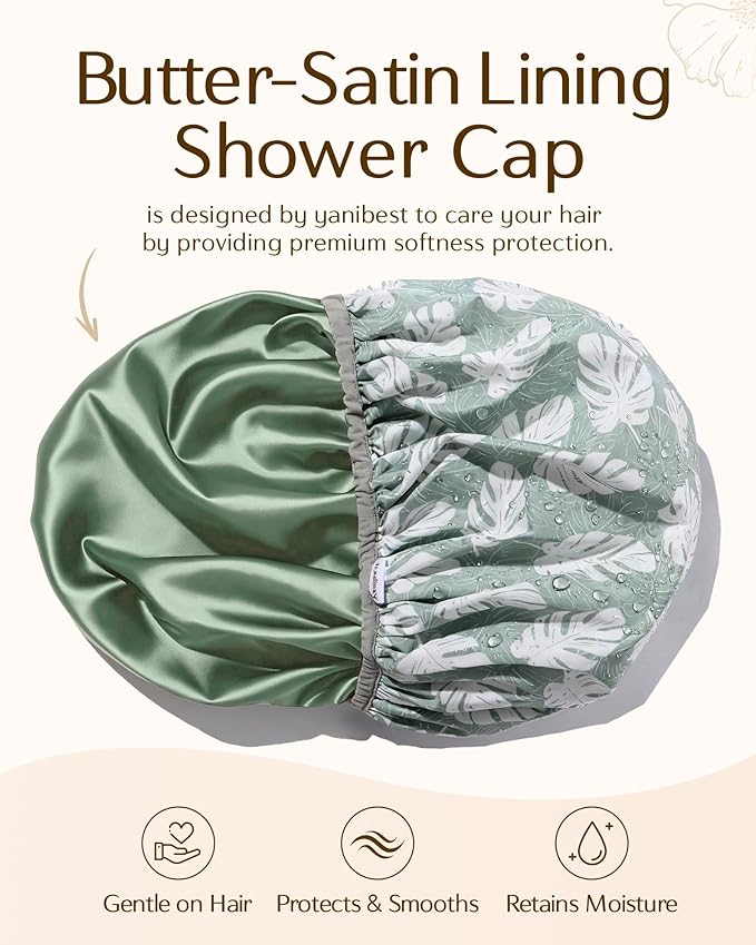 Yanibest Shower Cap for Women - Hair Satin Bonnet Shower Cap for Women Waterproof Extra Large Double Layer Reusable Adjustable for Braids Long Hair