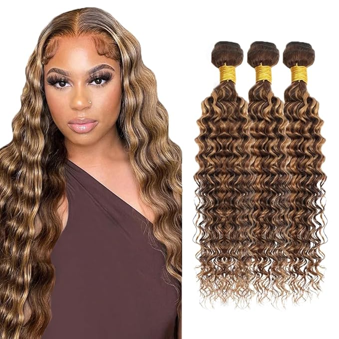 Highlight Bundles P427 Human Hair Bundles Dark Brown Bundle 16 18 20 inch Ombre Brown Deep Wave Bundle 150g
