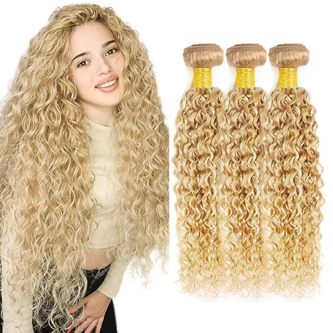 Hair 613/27 Human Hair Bundles Blonde Kinky Curly Weave 3 Bundles 22 24 26 inch Two Tone 613 and 27 Bundle 613 Color