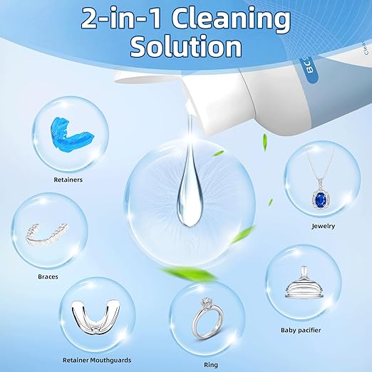 BCOM Retainer Cleaner Solution, Ultrasonic Jewelry Cleaner Solution Deep Clean for Retainer, Mouthguards, Night Guards, Aligners and Jewelry Ring, Odor Stain Remover for Ultrasonic Machines (4 oz)