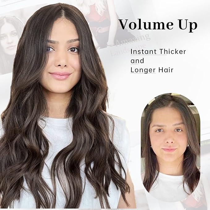 KooKaStyle Invisible Wire Hair Extensions with Transparent Headband Adjustable Size 4 Secure Clips Long Wavy Secret Wire Hairpiece 16 Inch Dark Walnut Brown for Women