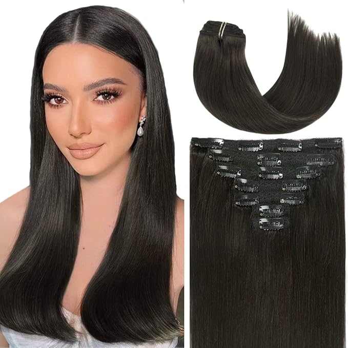 Caliee Black Hair Extensions Clip in Human Hair Thick Hair Extension Full Head Seamless Double Weft Lace Remy Hair Extensions Clip in Hair Human Hair with 16 Clips 120g 18inch