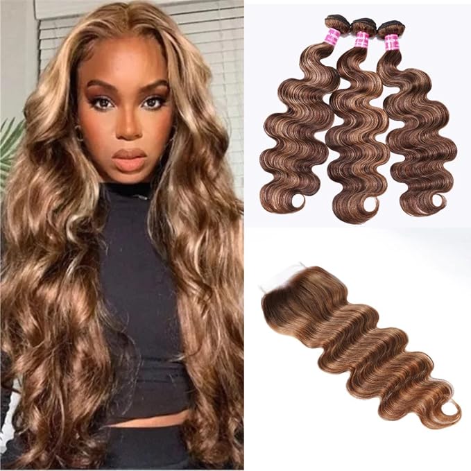 UNICE Body Wave Honey Blonde Highlight Human Hair 3 Bundles with 4x4 lace closure Free Part Ombre 12A Remy Human Hair Weave Extensions 16 18 20+14 inch Closure