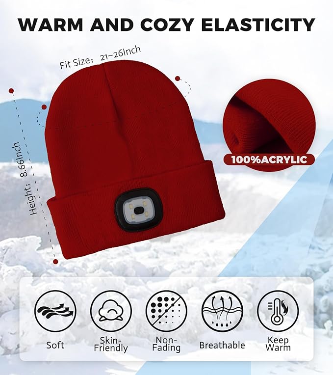 Unisex LED Beanie with Light, Rechargeable Headlamp Hat, Stocking Stuffers Christmas Gifts for Men, Warm Knitted Cap White Elephant Gifts for Dad Adults Teens Men Women Him