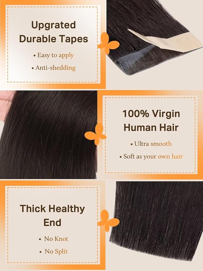 DOORES Real Human Hair Extensions Tape in, 20pcs 80g Dark Brown 18 Inch, Thick Tape in Hair Extensions Human Real Remy, Thick Ends Glue in Skin Weft Natural Straight