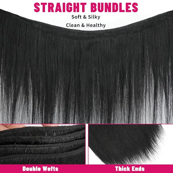 Straight Hair Bundles Human Hair 20 22 24 Inch 3 Bundles 12A Grade 100% Unprocessed Double Weft Weave Bundles Human Hair for Black Women Natural Color