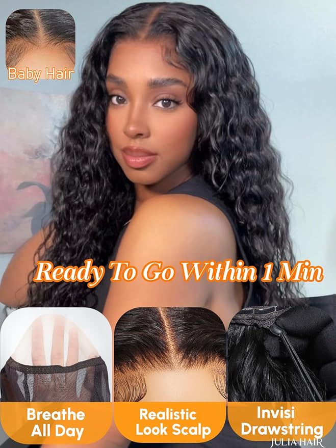 Julia Hair Water Wave 7x5 Bye Bye Knots Glueless Wig with Baby Hair HD Lace Pre Everything with Drawstring Wigs Human Hair Pre Plucked Pre Cut Bleached Knots Put on and Go Natural Hairline 22 Inch