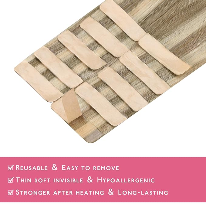 WENNALIFE Tape in Hair Extensions Human Hair Ash Brown with Platinum Blonde Highlights Tape in Extensions, 10pcs 25g 16 inch Remy Invisible Tape Ins Straight Colored Soft Refill Set