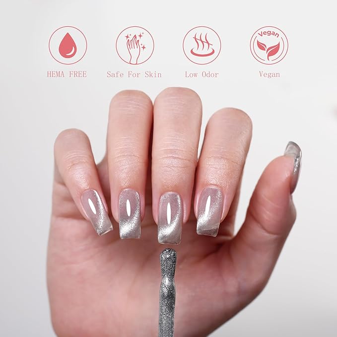 10ml Hema Free Silver Cat Eye Gel Nail Polish Translucent Glassy Color Glitter Gel Polish with Magnet Soak Off Manicure Art DIY Salon for Women