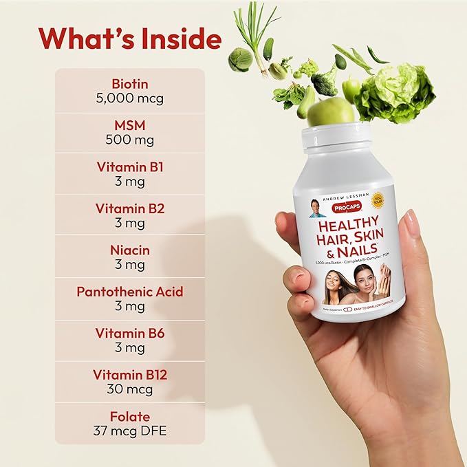 ANDREW LESSMAN Healthy Hair, Skin and Nails 120 Capsules - 5000 mcg High Bioactivity Biotin, B-Complex. Promotes Beautiful Skin, Strong Nails. No Additives Hair Growth Vitamins Biotin Supplement