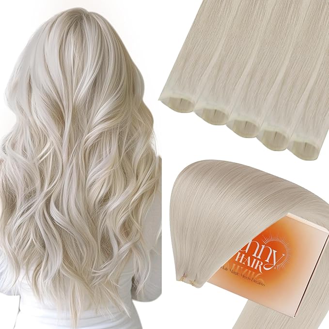Sunny Hair Genius Hair Extensions Weft Blonde Invisible Genius Sew in Hair Extensions Platinum Blonde Straight Remy Hair Weft Extensions Real Human Hair for Women 16inch