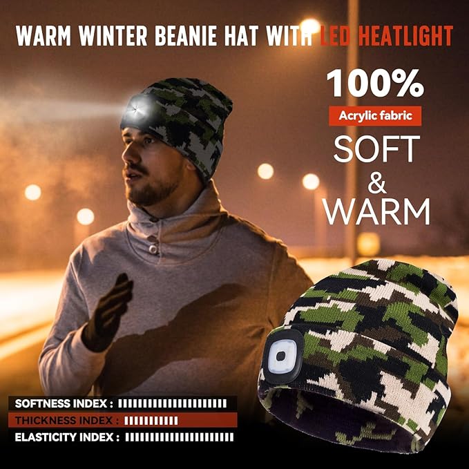 Unisex Beanie Hat with Light, Rechargeable Headlight Cap, Stocking Stuffers for Men, Cool Gadget Gifts for Him, Birthday Gifts for Women, Gifts for Him, Camouflage