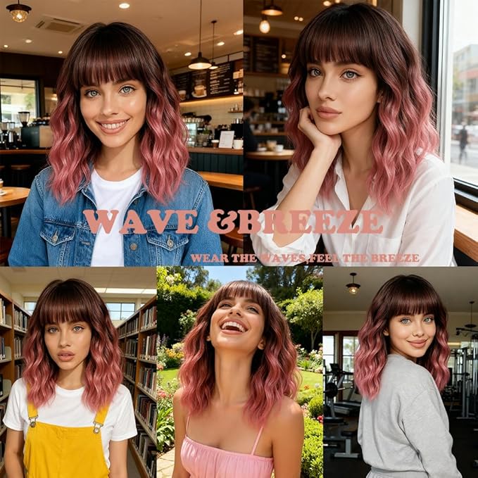 WAVE&BREEZE Short Ombre Pink Wigs with Bangs 14Inch Wavy Curly Bob Hair Wig for Women Shoulder Length Natural Looking Hair Replacement Wig for Daily Party Cosplay Costume Halloween