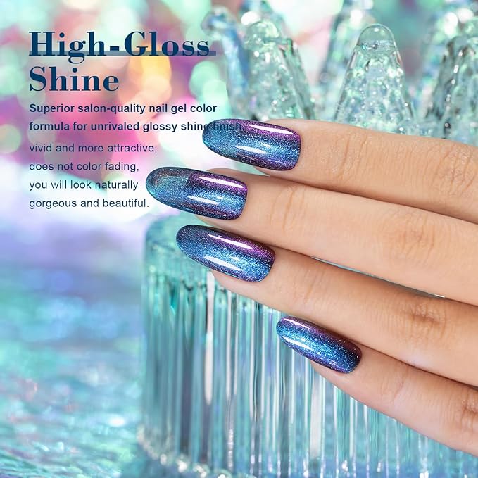 RARJSM Chameleon Gel Nail Polish Dark Blue to Purple Multichrome Color Changing Holographic Glitter Gel Polish Curing Requires Sparkle Shimmer Nail Gel Varnish Soak Off DIY at Home Salon 15ml