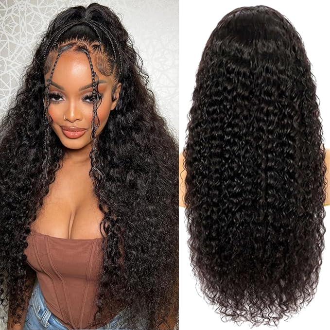 32 Inch 13x6 Deep Wave Wig Human Hair HD Lace Frontal Wig 200% Denisty Water Wave Lace Front Wigs Human Hair Pre Plucked Natural Black Deep Curly Lace Frontal Wig for Women