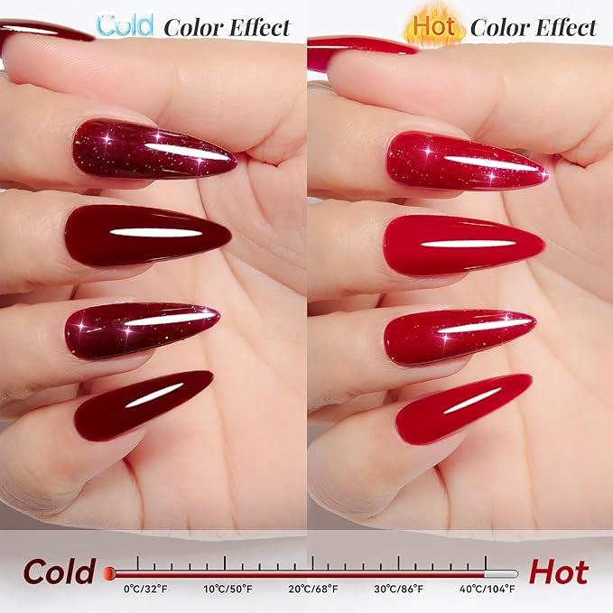 YTD Likomey Color Changing Gel Nail Polish 2 Pcs Set,15ml Red to Burgundy Red Pure Color and Brocade Glitter Kit,Thermal Ombre Change Colors Salon Manicure Fall Winter UV Nail Varnish,WB2-2
