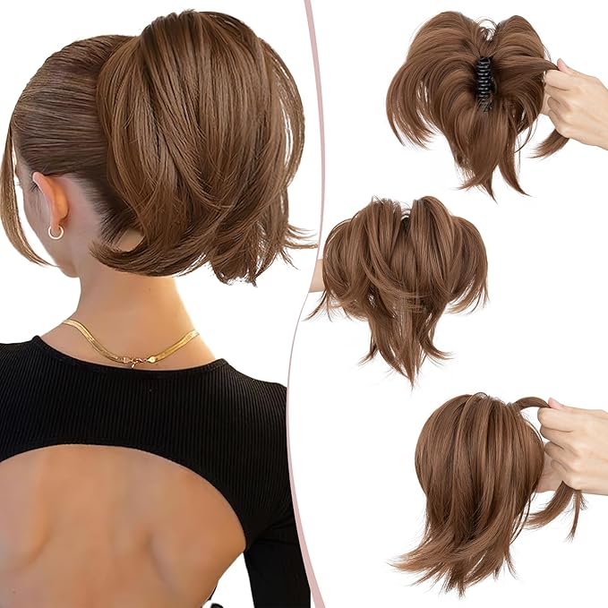 Claw Clip Short Ponytail Hair Extensions Messy Bun Hair Piece Pony Tails Hair Extensions with Bendable Metal Wire Hair Pieces DIY Style 12 Caramel Brown 8 Inch