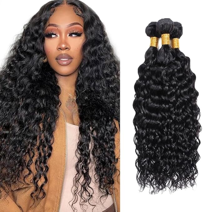 30 32 34 inch WuvuSnm Human Hair Bundles Water Wave Bundles Human Hair Wet and Wavy Bundle Natural Black Color