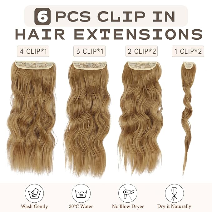 Vigorous Clip in Hair Extensions 20Inch Biscuit Brown Hair Extension 6Pcs Long Wavy Soft Synthetic Hairpieces for Women